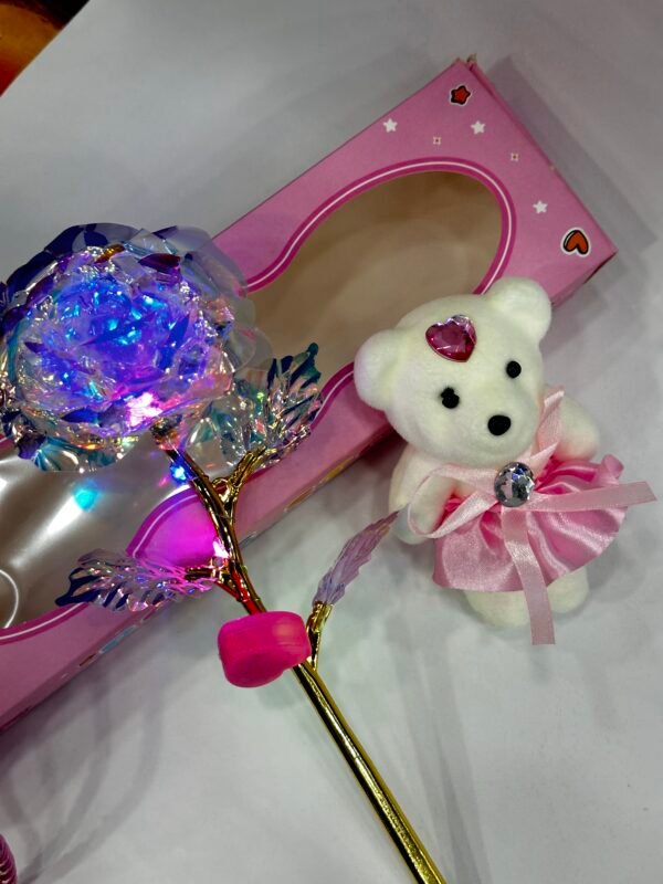 Blue Rose with Lights & White Teddy