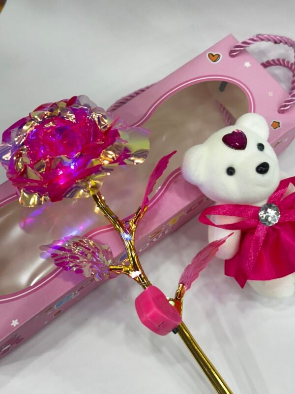 Pink Rose with Lights & White Teddy - Image 4