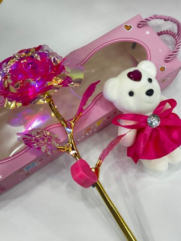 Pink Rose with Lights & White Teddy